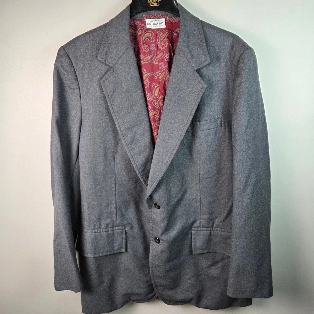 Victor of Hong Kong Blazer Mens 46 Grey Excellent Wool Paisley Lining Vintage